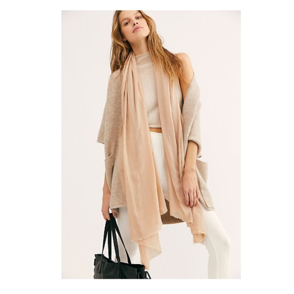 Free People Whistler Collared Shawl Open-Front Sweater Wool Blend Tan Pockets OS